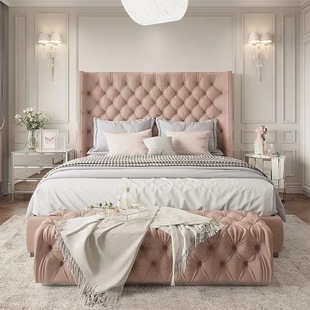 Wholesale French Cream Style Double Bed Modern Simple Light Luxury Button Bed Nordic Technology Fabric Solid Wood 1.8m
