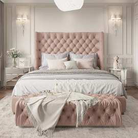 批发法式奶油风双人床现代简约轻奢拉扣床北欧科技布艺实木1.8米