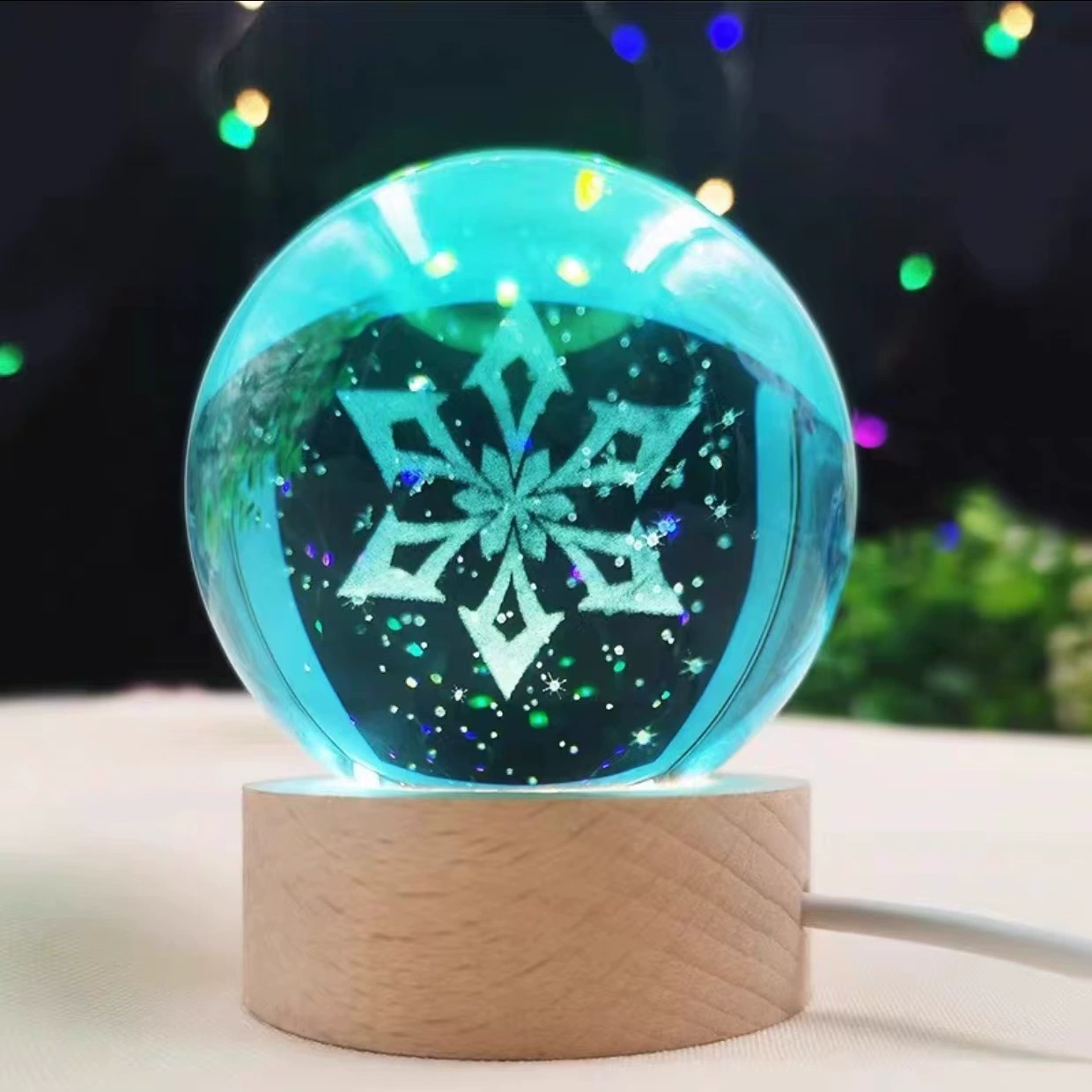 Ночная лампа кристальный шар (Genshin Impact), 3D-гравировка семи стихий, LED или деревянная подставка