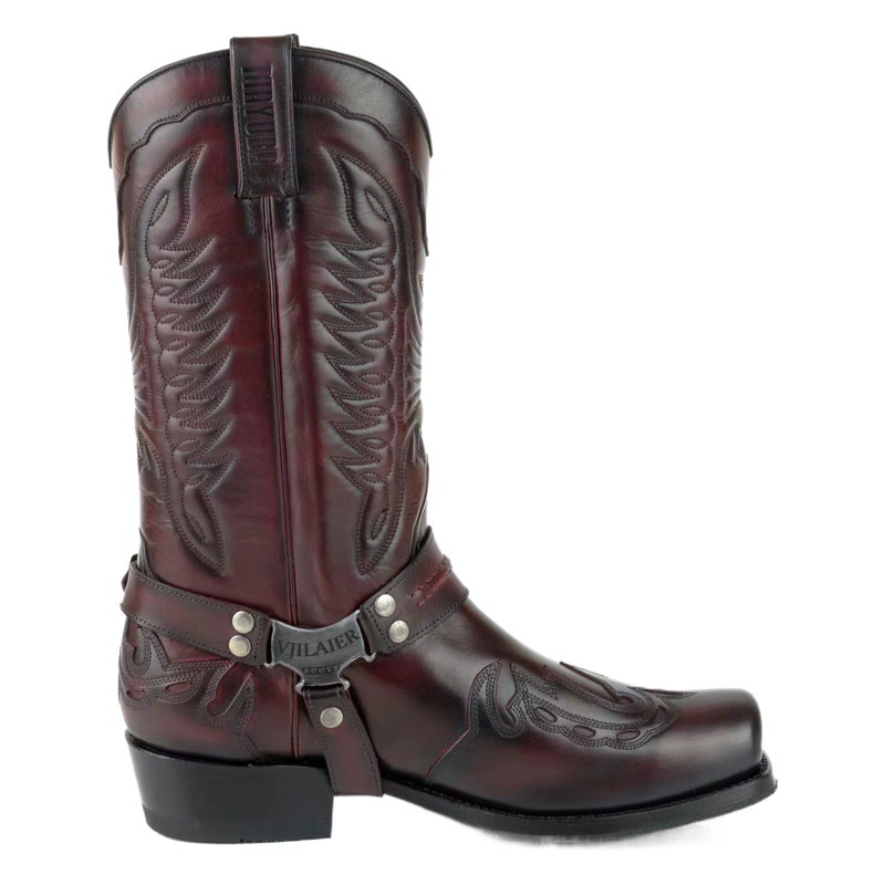 Осенне-зимние новые мужские средние сапоги с вышивкой, пряжкой с квадратным носком и толстым каблуком, средние сапоги большого размера 48 размеров с V-образным вырезом