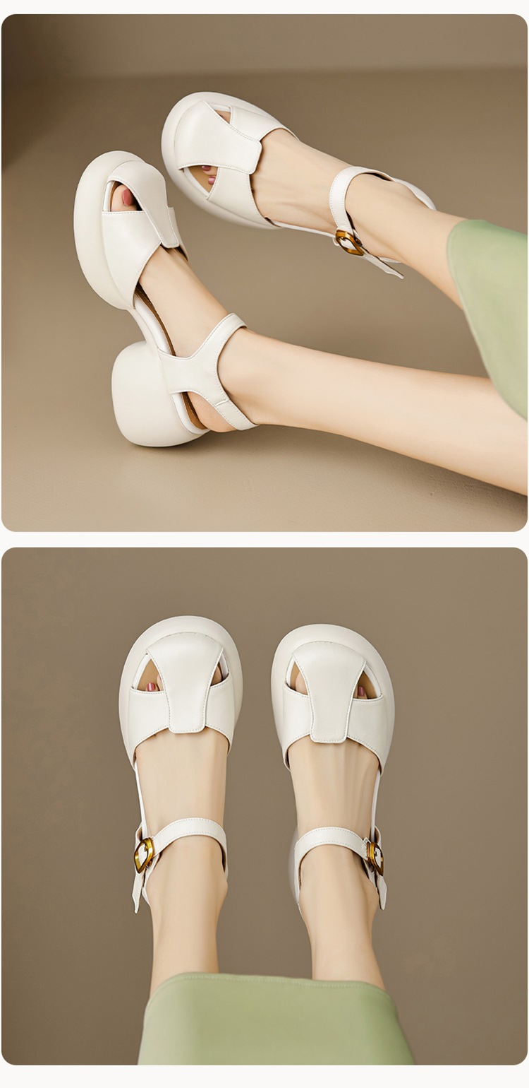 Sandal cao gót nữ bít mũi da cừu gót thô kiểu La Mã đế dày quai ngang — Màu trắng be chi tiết 10