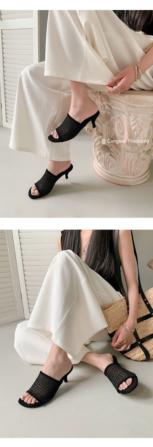 Dép sandal cao gót nữ kiểu Pháp mũi tròn hở ngón, lưới dệt thoáng khí — màu be, đen chi tiết 6