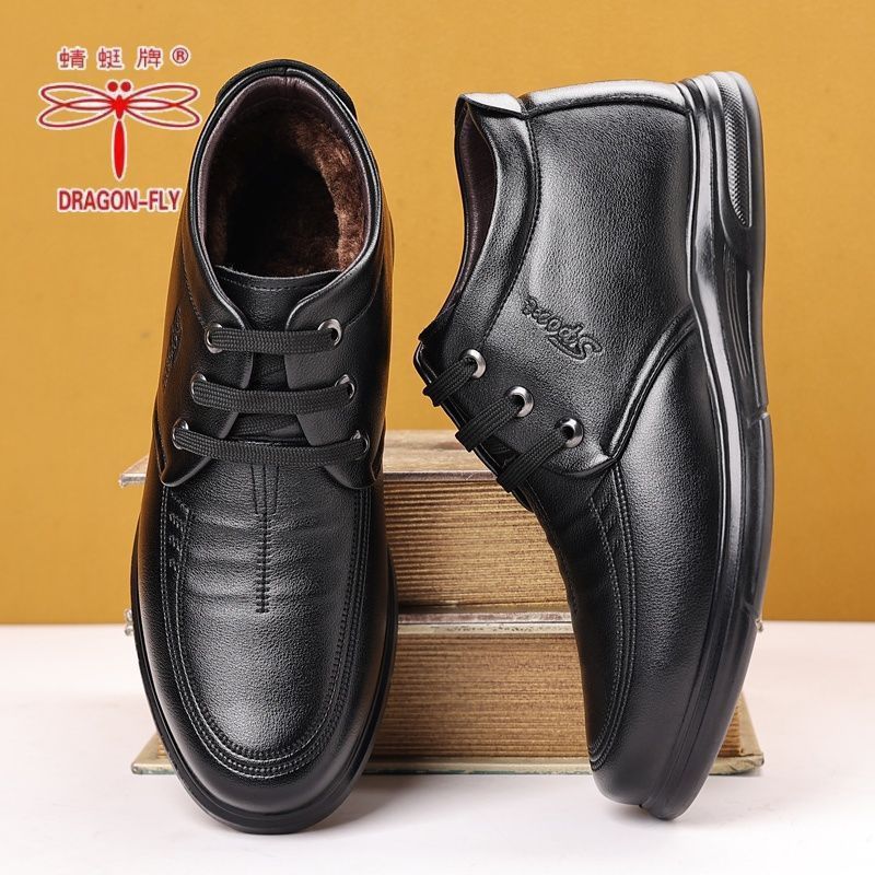 Dragonfly Brand Men's Winter Velvet Thickeneded High-Top Cotton Shoes Genuine Leather Wool Warm Boots Men's Business Leather Shoes