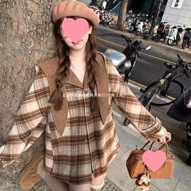 超好看韩版格纹两面穿毛呢大衣女装秋冬2025新款韩系加厚连帽外套