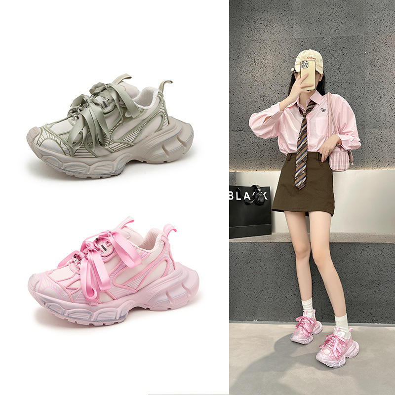 2025 Paris 3XL Dad Shoes Pink Bow Sneakers Female Couple Shoes Outdoor Distressed Retro Breathable