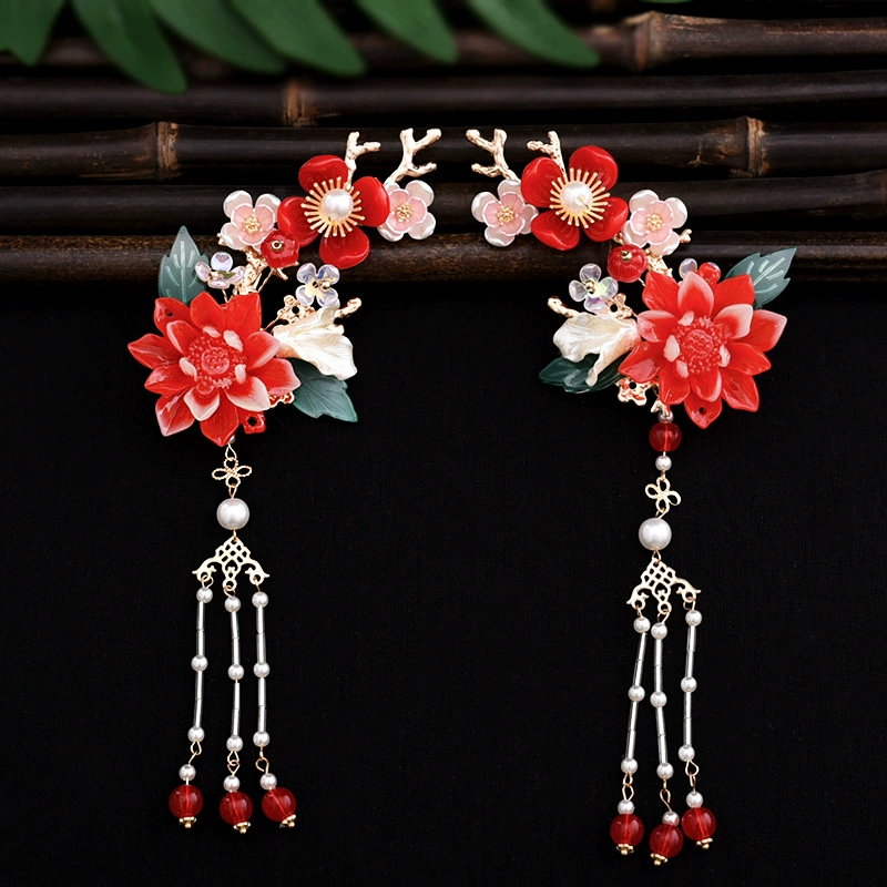 Children's hair accessory, hairgrip with tassels, Hanfu from pearl handmade, 2021 collection, flowered