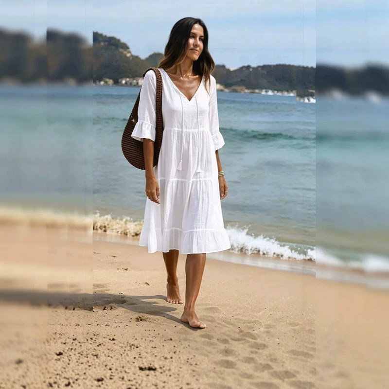 European and American holiday style tassel-decorated A-line dress, loose layered long-sleeve midi dress, cross-border Amazon women's clothing European and American holiday style tassel-decorated A-line dress, loose layered long-sleeve midi dress, cross-border Amazon women's clothing