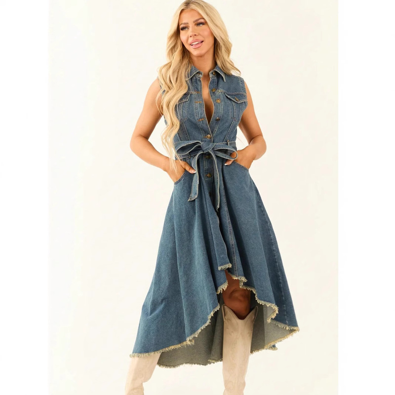 Cross-Border European and American Denim Dress Fashionable Sleeveless Personalized Asymmetrical Raw Edge Temu Amazon Ozon Independent Station Cross-Border European and American Denim Dress Fashionable Sleeveless Personalized Asymmetrical Raw Edge Temu Amazon Ozon Independent Station
