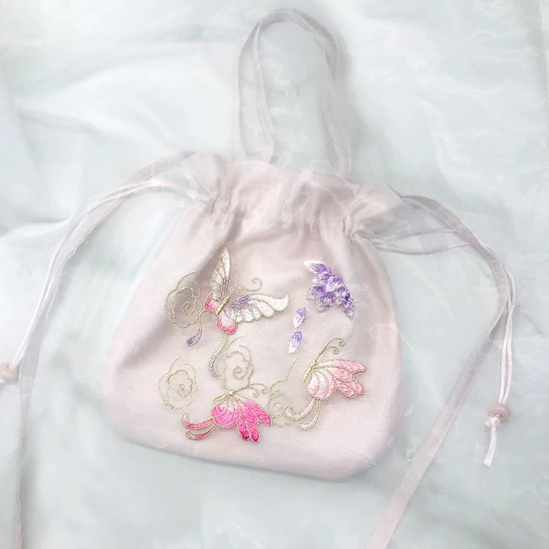 Handheld Hanfu Drawstring Bag, Embroidered Tassels, 22×22 cm, Handmade Accessory