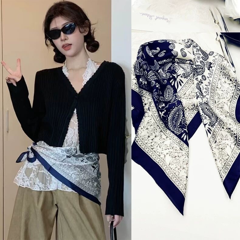 29# blue and white color matching patterned satin square scarf