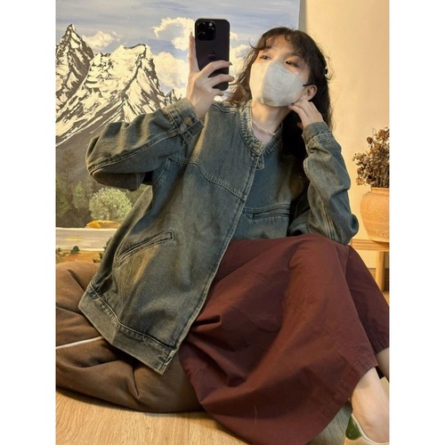 Women's Autumn Korean Style Loose and Slimming Casual Washed Distressed Open Cardigan Jacket Top Fashion