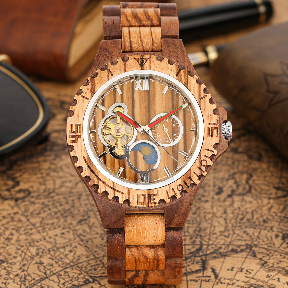 Automatic Mechanical Watch Men Zebra Wood Red Sandalwood Skeleton_voghion.com
