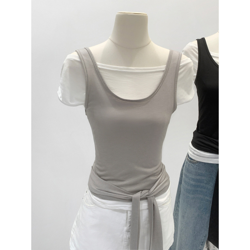 Beautiful Korean-Style Lyocell Tencel Camisole with Faux Two-Piece Design, Off-Shoulder, Waist-Cinching, Tie-Up Short-Sleeve T-Shirt for Summer Wear