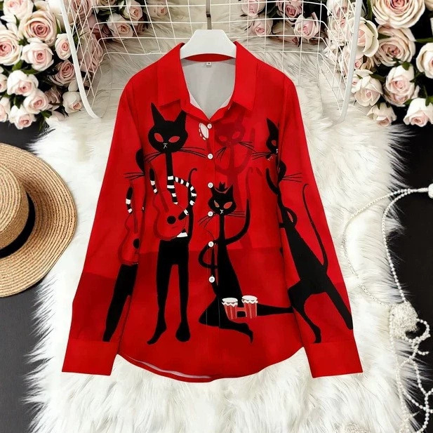 Amazon European and American Style Women's Long-Sleeved Shirt Retro Cartoon Black Cat Band Print Lapel Loose Casual Shirt