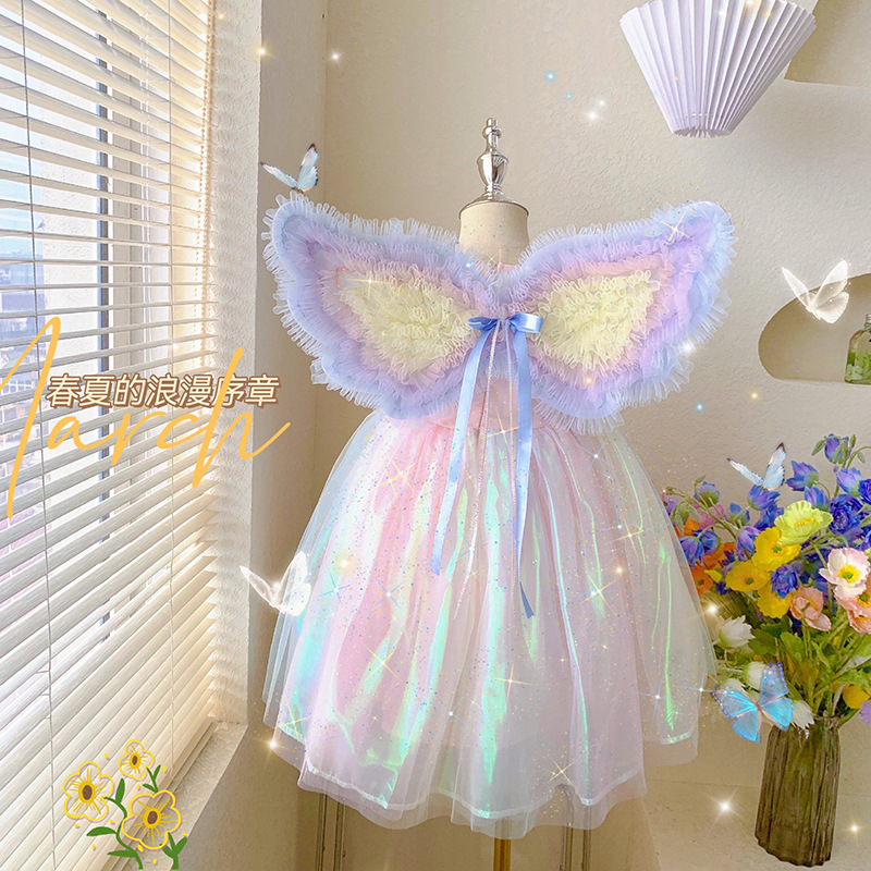 2023 verano niños vestido princesa vestido para niños medianos y pequeños Arco Iris puff Manga mariposa alas colorido vestido de hilo