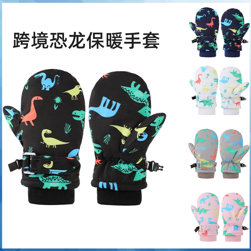 Европейские и американские трансграничные детские принты маленькие динозавры против брызг воды теплые перчатки нескользящие и бархатные толстые лыжные перчатки на открытом воздухе