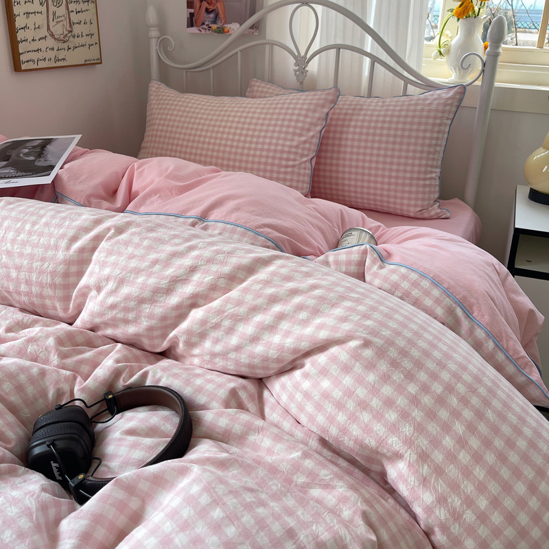 Gingham Bedding Set 4-piece Duvet Cover For Winter Dormitory_voghion.com