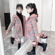 童装冬季新款女童加绒韩版格子呢大衣2023儿童时尚连帽保暖外套潮