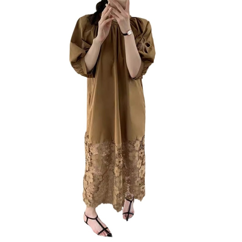 小衆の怠惰な風のカレー色のワンピースの女性の夏のお茶の休憩のフランスの気質の透かし彫りのレースのゆったりしているカジュアルな長いスカート|undefined