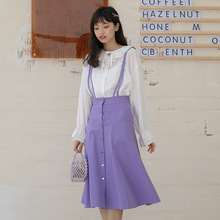 女装连衣裙2022春季新款韩版简约紫色吊带背带裙甜美单排扣A字裙