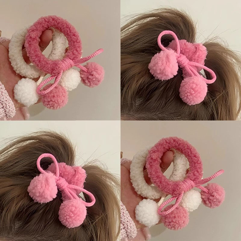 Strawberry Pink! Lamb wool ball cherry hair rope cute girl bow hair Ring Ball head hair accessories
