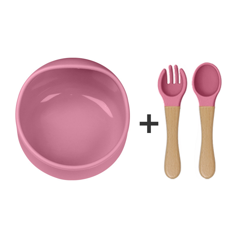 어두운 핑크 (실리콘 그릇 + 나무 포크 스푼)