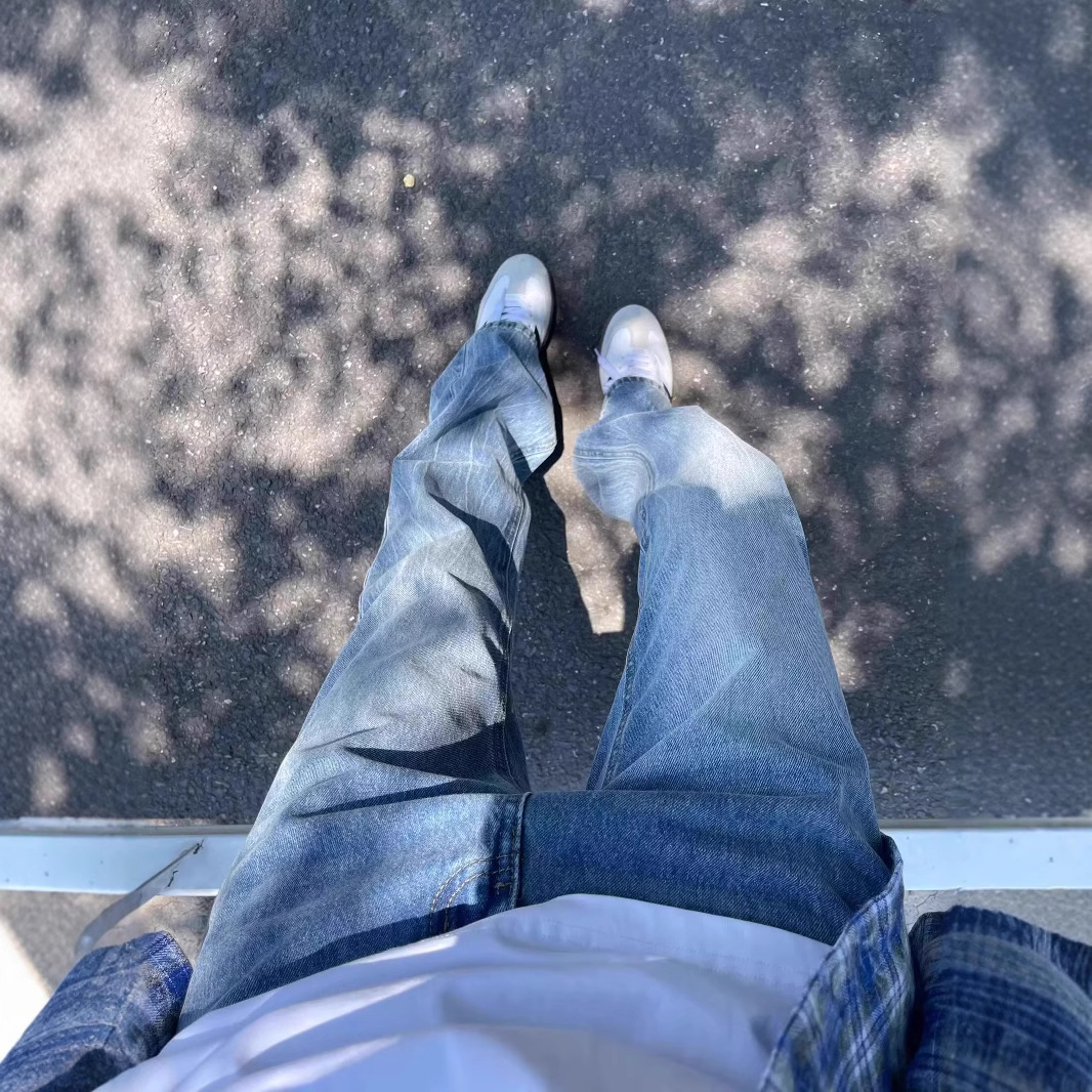 Pansk Store Pansk Pan Shuke Online Store Ice Blue Lightning Pattern Jeans Straight Leg Slim Pants