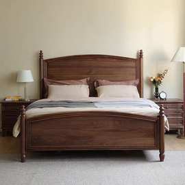 美式实木床北美黑胡桃木双人床1.8米1.5现代简约主卧大靠背床中古