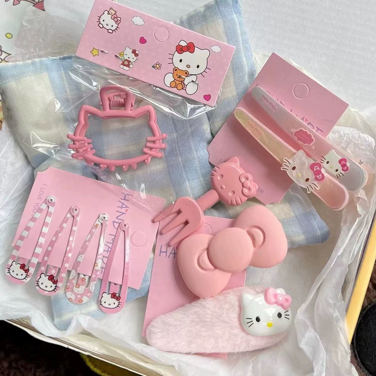 Набор аксессуаров для волос (Hello Kitty) — 10 штук милых японских мультяшных заколок, шпильки и резинки, розовый
