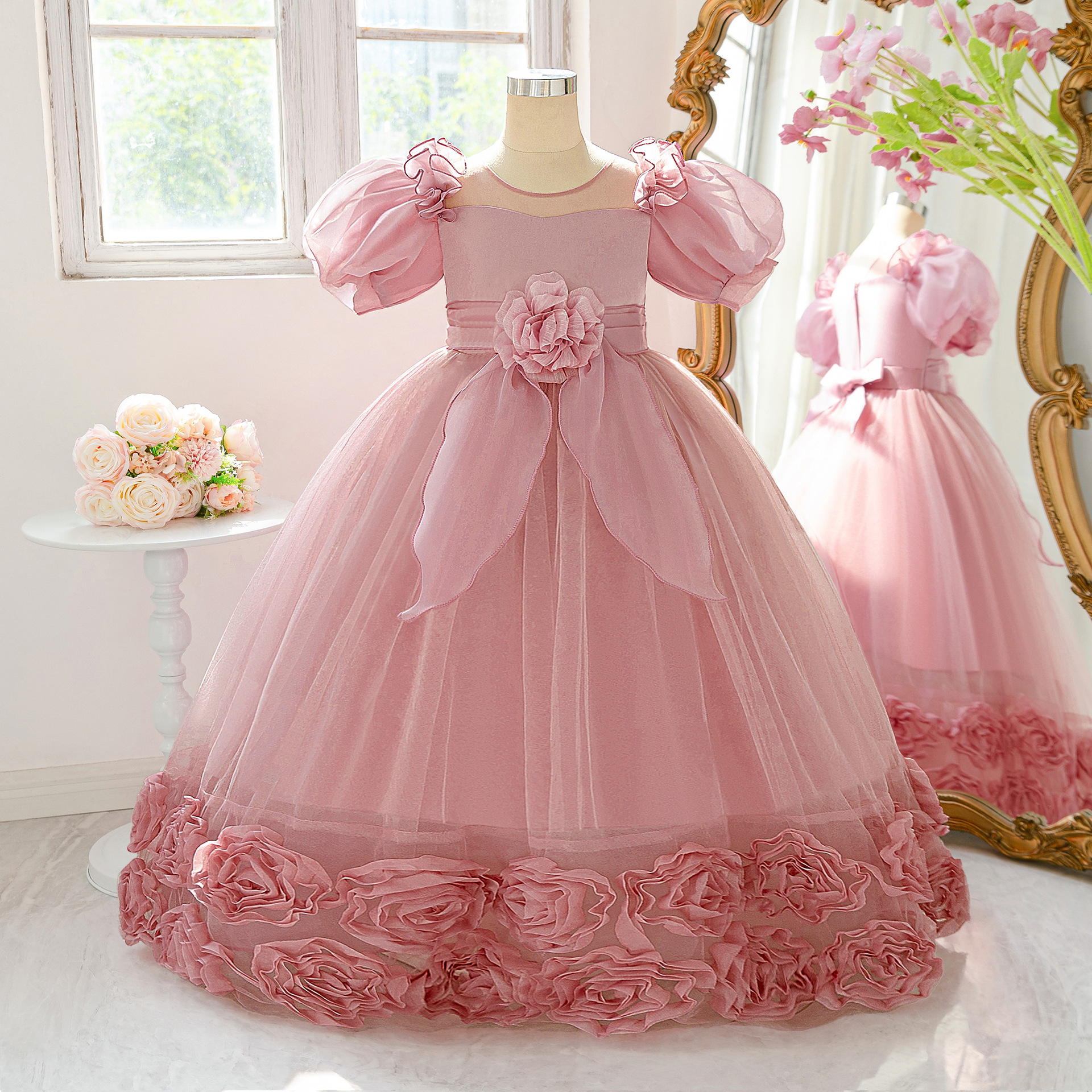 Al por mayor transfronterizo nuevo vestido de bebé burbuja mangas falda princesa flor tridimensional falda larga ropa de fiesta