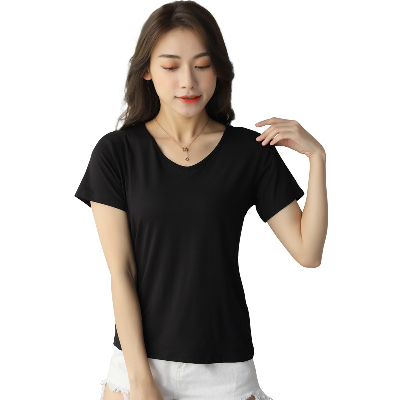 Camiseta modal de manga corta con estampado de máscara blanca para mujer, cuello en V, estilo nuevo 2025, talla grande, escote bajo, camiseta básica holgada.