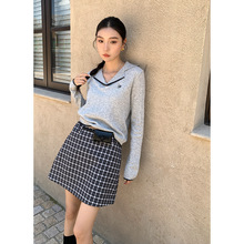 衣尔衫 Miu系 羊毛坑纹西装领刺绣针织衫女撞色气质显瘦正肩0561