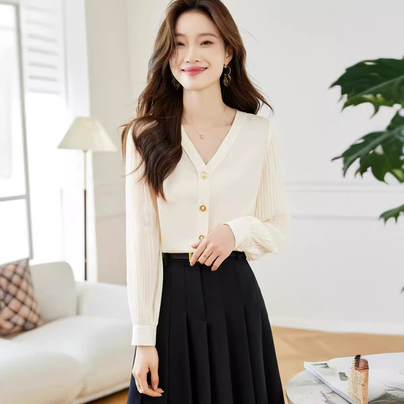 S new women's shirt V-neck simple cardigan sleeve crumpled loose decoration