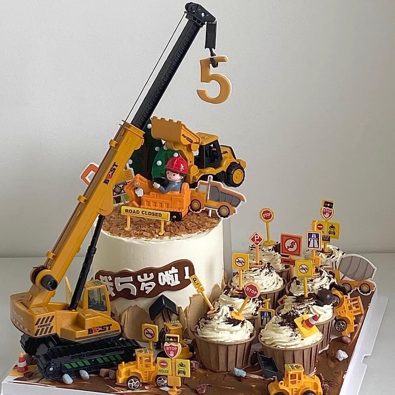 Celebridades de Internet decoración de pasteles de cumpleaños para niños decoración grúa excavadora camión de ingeniería grúa torre postre de cumpleaños accesorios de vasos de papel