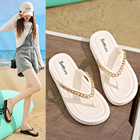 Flip-flops Women's Summer Outfit New Fashionable All-match Clip-plywood Shoes Flat Gold Chain Seaside Beach Shoes
