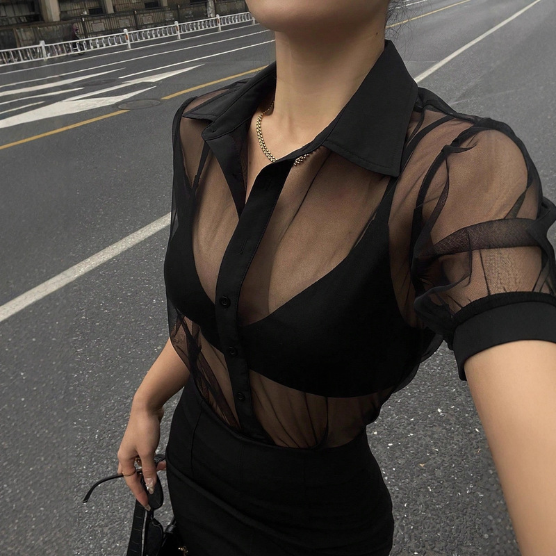 6906 Cross-Border Spring and Summer Simple Transparent Mesh Chiffon Short-Sleeved Shirt for Women Business Casual Outer Wear Sexy Fashion
