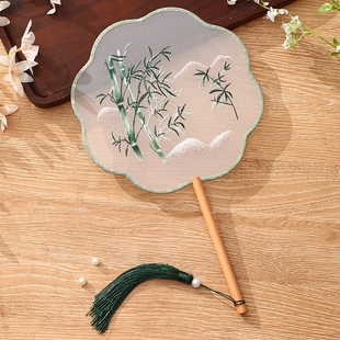 Embroidery Round Fan Ancient Style Fan Su Embroidery Women's Fan Long Handle Tassel Dance Fan National Style Hanfu Children's Cheongsam Round Fan