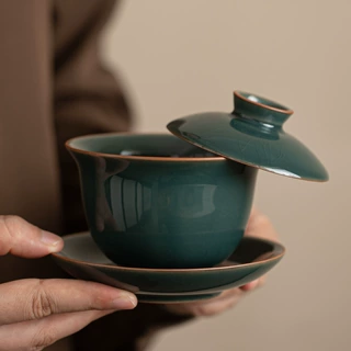 哥窑三才盖碗功夫茶具单个茶碗祖母绿泡茶家用敬茶碗泡茶器可悬停
