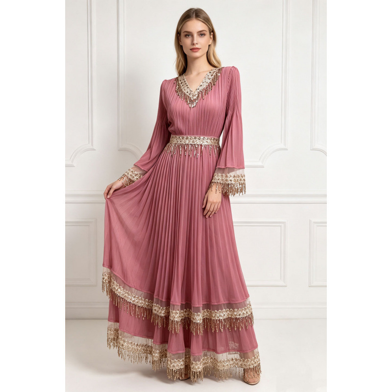 Foreign trade pleated dress with sequin accents, light luxury socialite style tiered dress with tassels, loose-fitting long dress Foreign trade pleated dress with sequin accents, light luxury socialite style tiered dress with tassels, loose-fitting long dress