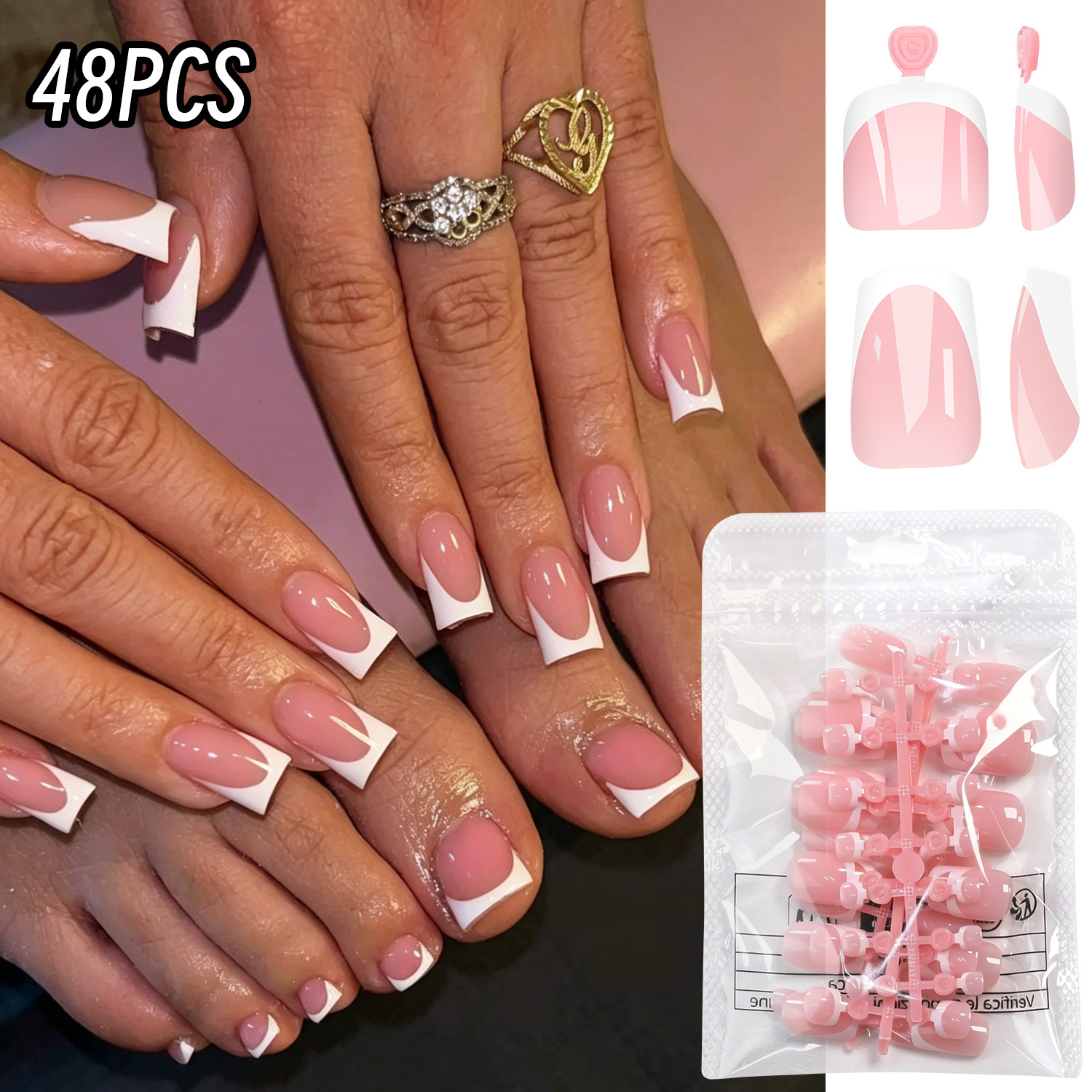 48-Piece Bagged French-Style Press-On Nails for Both Hands and Feet, Simple White-Edged Short Square Basic Style Finished Fake Nails Wholesale