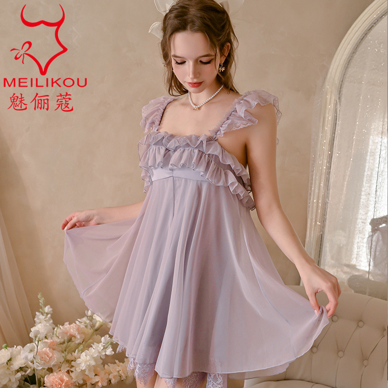 Meili Kouqing Sexy Pajamas Casual and Comfortable Mesh Light and Breathable Pajamas Skirt Suspender Nightgown Suit Women 2228