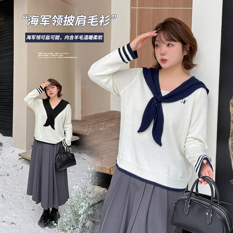 Inno Plus-Size Women's Clothing, Age-Reducing Navy Collar Wool Sweater, New Winter Pullover Top 423641