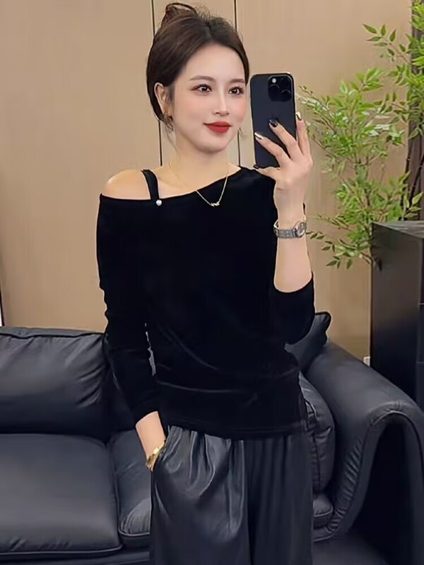 辣妹斜领露肩丝绒长袖t恤女2025秋季新款洋气打底衫内搭显瘦上衣|undefined