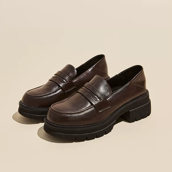High-Heeled Leather Shoes for Women 2026 New Spring and Autumn Thick-Heeled Thick-Soled Loafers British Style Retro Soft Leather Shoes for Women