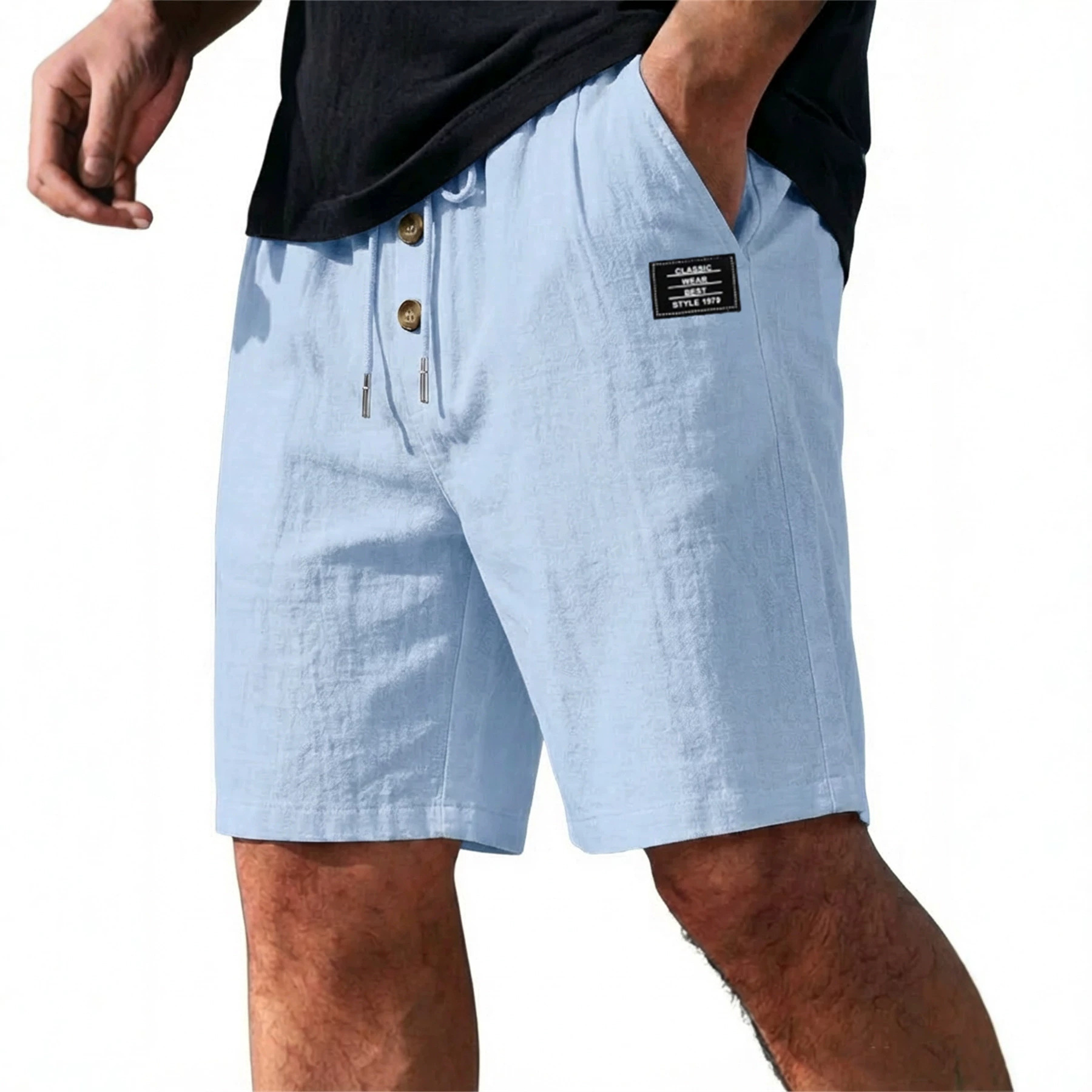 Men's Summer Cotton Linen Blend Loose Fit Solid Color Casual Shorts Trendy Sports plus Size mid Waist Beach Wear_viptrois.com