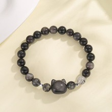 果泡 天然银曜石串珠手串黑曜石水晶情侣手链一对小众猫咪甜美