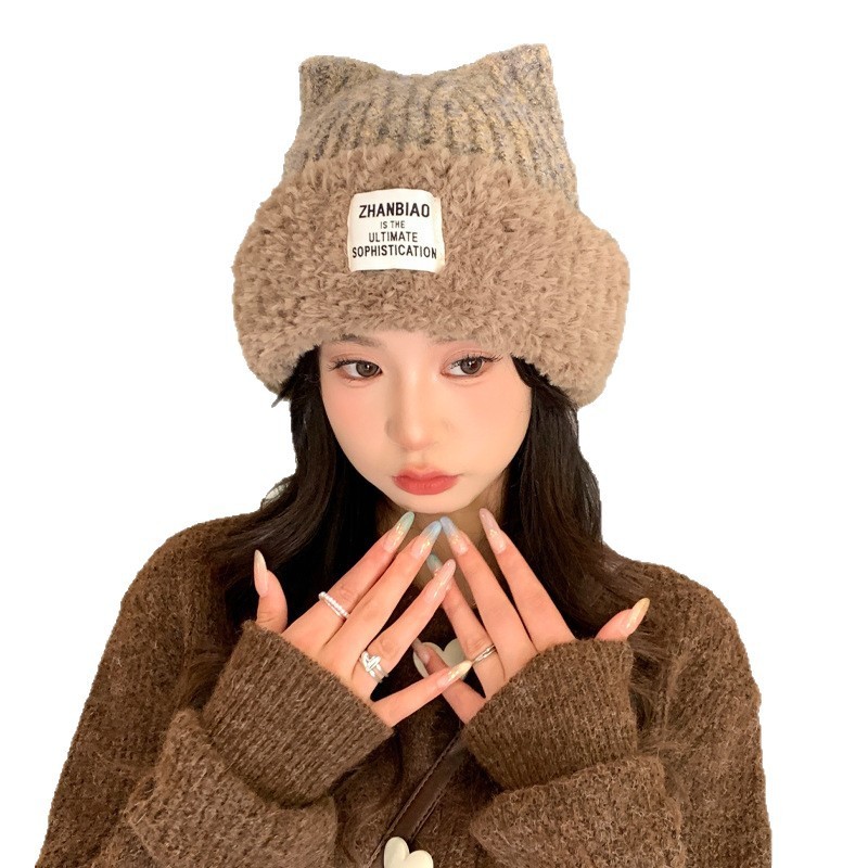 帽子女冬季加厚护耳针织帽时尚可爱猫耳朵毛线帽大头围百搭套头帽|undefined