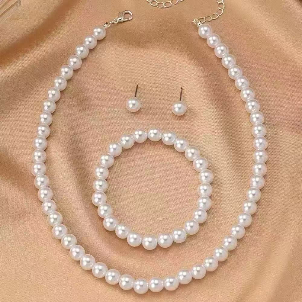 Cross-Border Hot-Selling Imitation Pearl Necklace, Bracelet, and Earrings Three-Piece Set, Light Luxury Fashion Women's Pearl Jewelry Set Wholesale