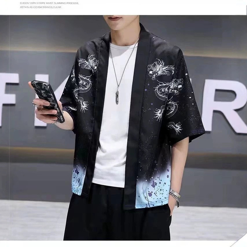 Chinese style dark retro couple cardigan kimono men and women loose ukiyo-e bf 3/4 sleeve crane robe shirt Chinese style dark retro couple cardigan kimono men and women loose ukiyo-e bf 3/4 sleeve crane robe shirt
