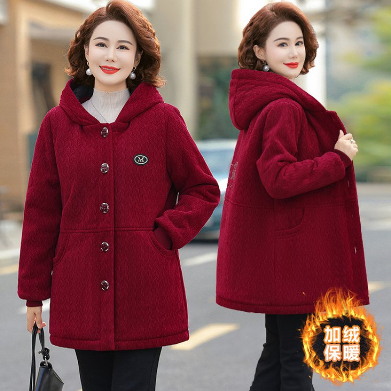 中年妈妈冬装新款连帽棉衣中老年女加绒加厚棉服外套洋气保暖棉袄|undefined